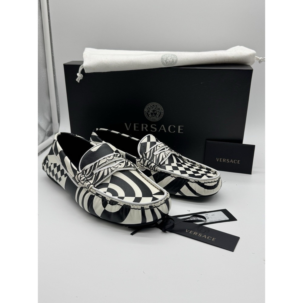 Versace Men Black White Optical Print Leather Driving Loafers‎ Medusa Logo 39